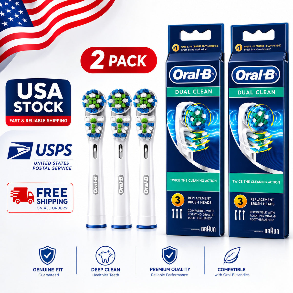 Electric Toothbrush Replacement Heads 3 Count x 2 Pairs - Dual Clean
