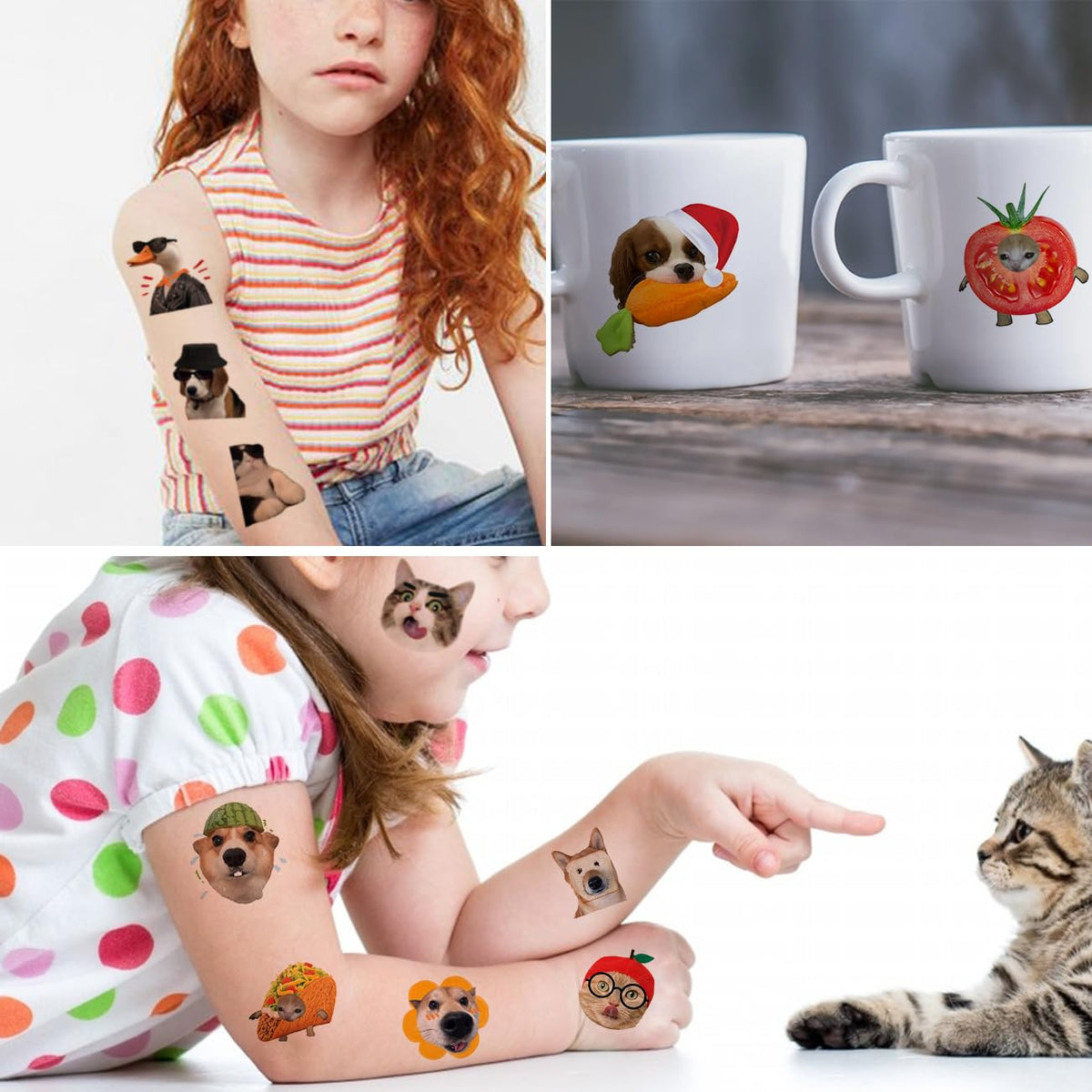 Temporary Tattoo Set - 74 Cat & Dog Meme Sheets for Kids (Kid Safe, Removable)