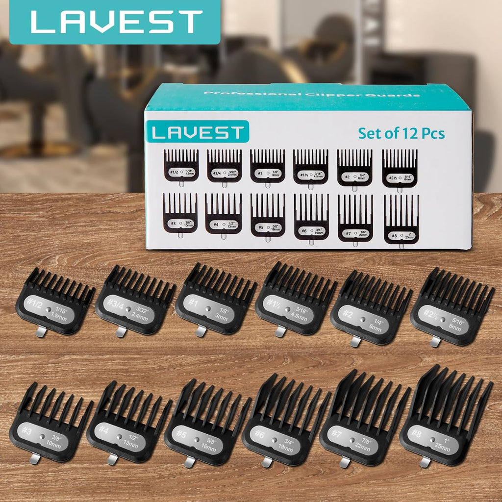 12-Piece Hair Clipper Guard Set with Adjustable Lengths from 1/16" to 1" for Wahl Clippers