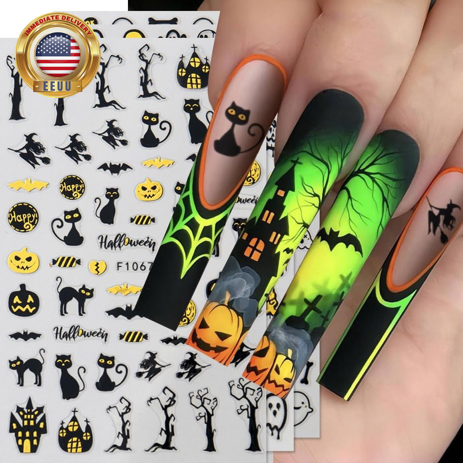 Halloween Ghost Nail Stickers - 3D Self-Adhesive Gold & Black Decals for Nail Art