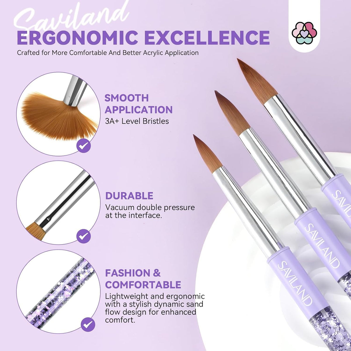 Kolinsky Acrylic Nail Brush Set with Cleaning Tool - 6/10/14 Sizes for Nail Art & Extensions