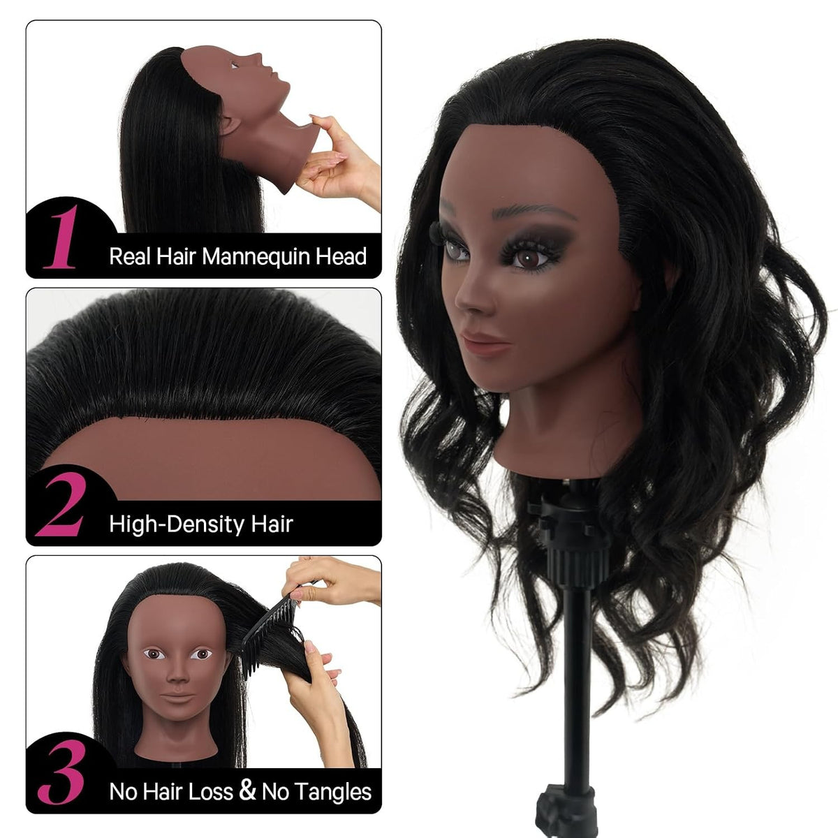 18-Inch Real Hair Mannequin Head with Stand for Makeup & Hairstyling Practice