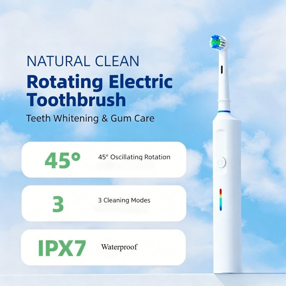 Electric Toothbrush with 2 Replacement Heads & 3 Cleaning Modes - Rechargeable, Waterproof