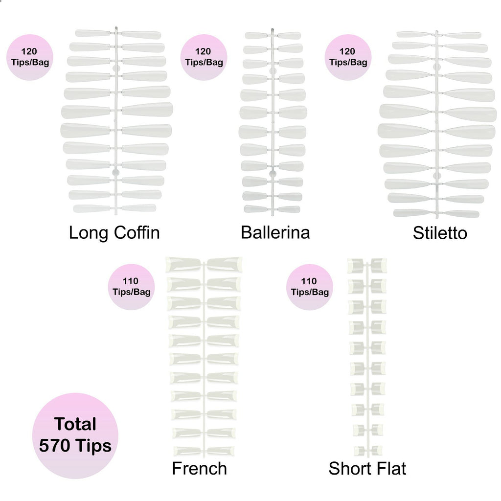 570Pcs Nail Tips Set - Press On False Nails in Coffin, Ballerina, Stiletto & French Styles
