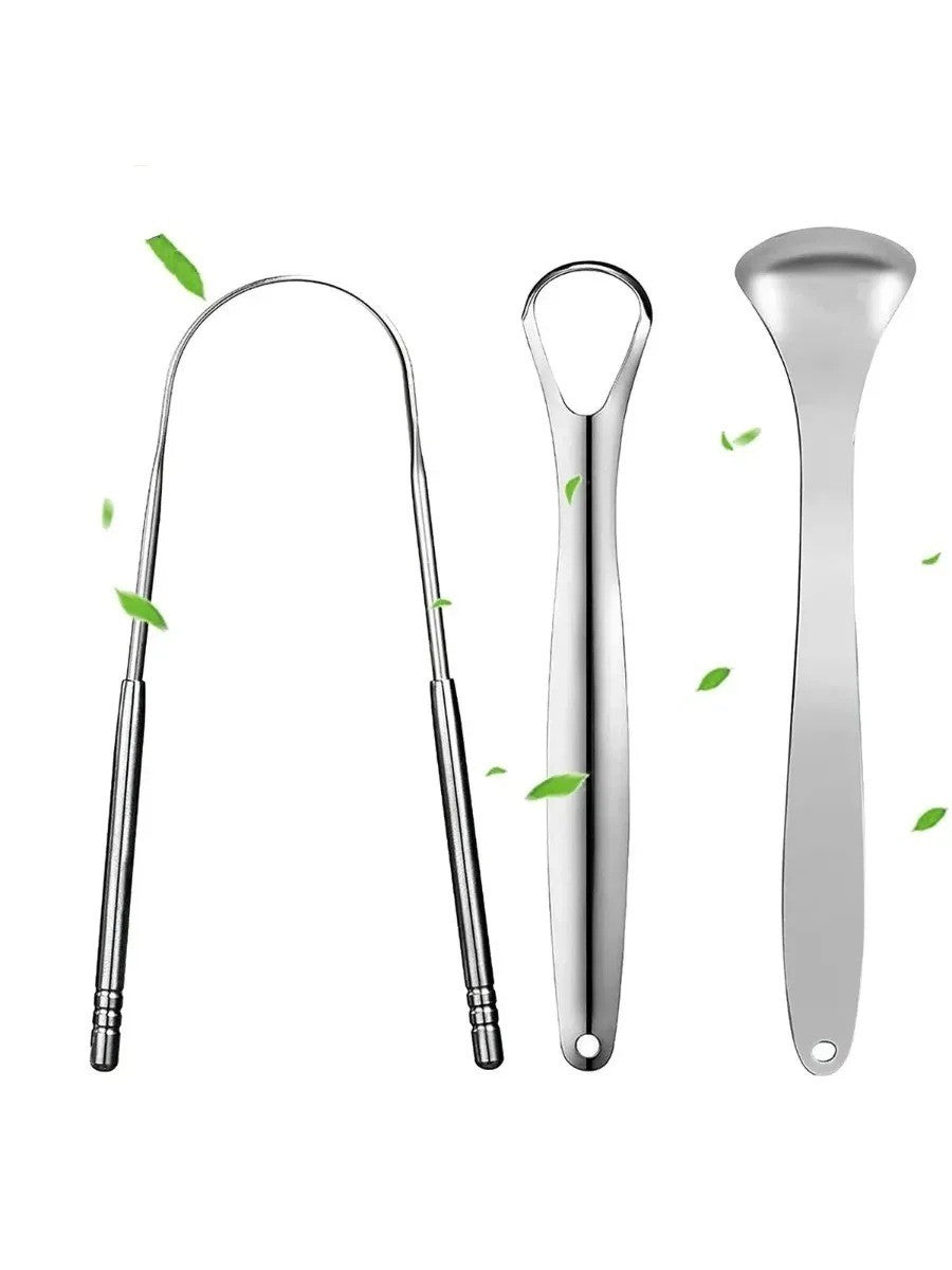 Stainless Steel Tongue Scraper Cleaner Oral Hygiene Brush Set - 3 Pack