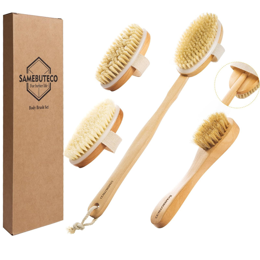 Dry Body Brush Set with Long Handle and Natural Boar Bristles for Face & Body