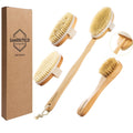 Dry Body Brush Set with Long Handle and Natural Boar Bristles for Face & Body