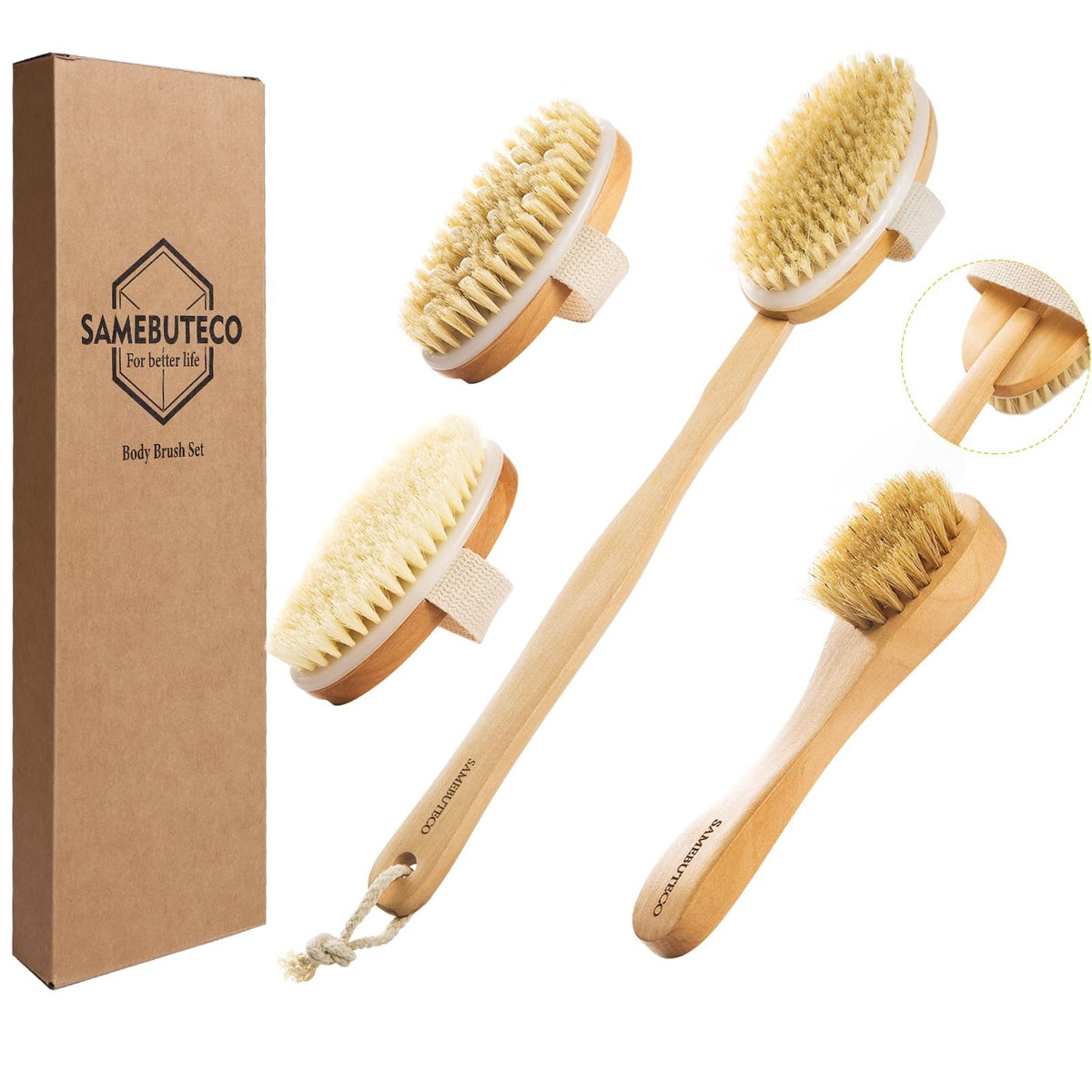 Dry Body Brush Set with Long Handle and Natural Boar Bristles for Face & Body