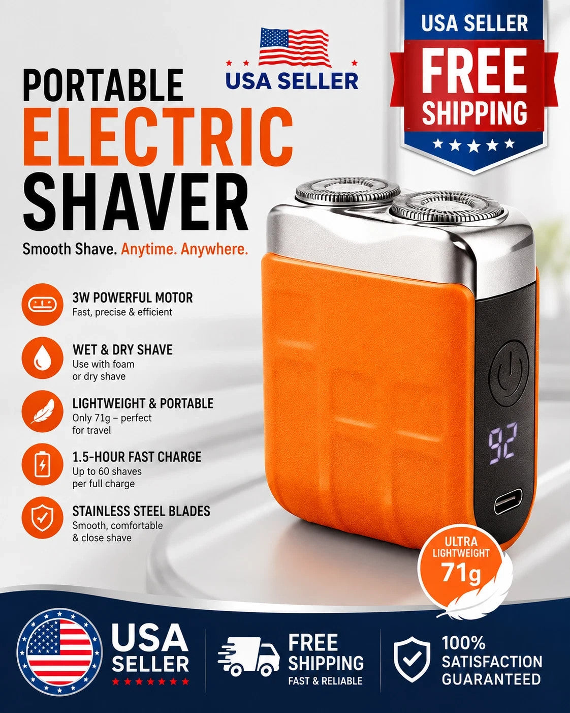 Portable Electric Shaver for Men - Wet & Dry Rechargeable Razor with Digital Display