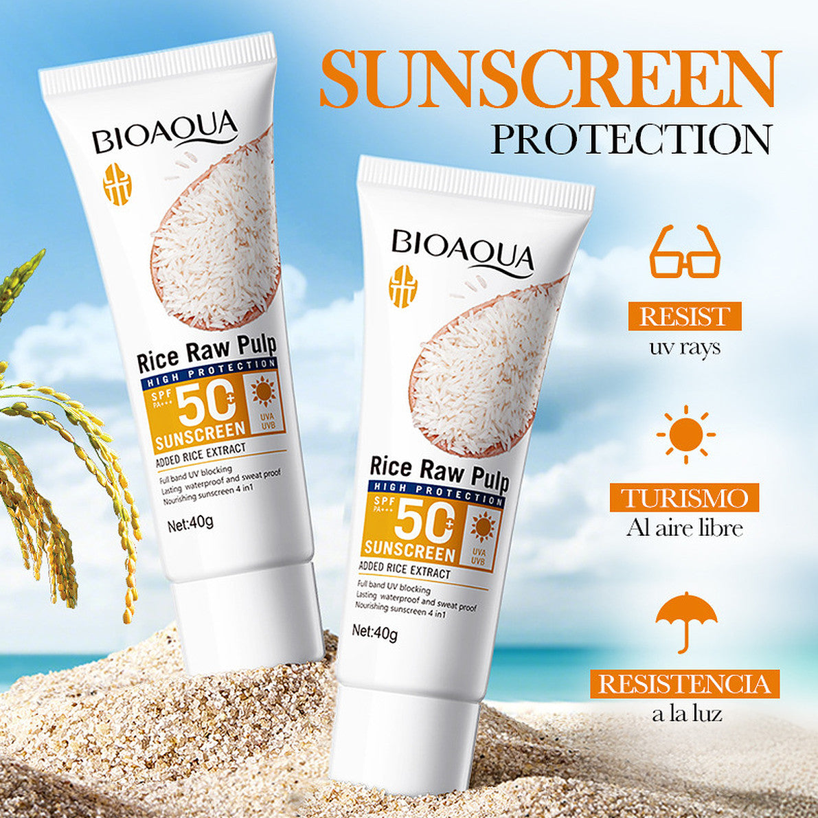 Rice Pulp SPF50 Moisturizing Sunscreen Gel Set - 2 Pieces, 40g+30g