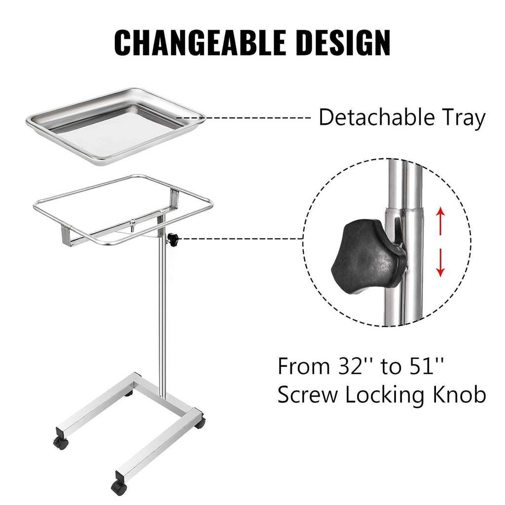 18x14 Stainless Steel Mayo Tray Stand with Swivel Wheels for Medical & Salon Use