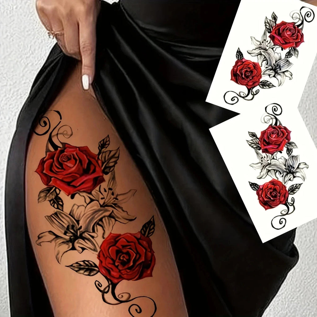 Waterproof Red Rose Temporary Tattoos - 2pc Floral Body Art for Arm Leg Chest