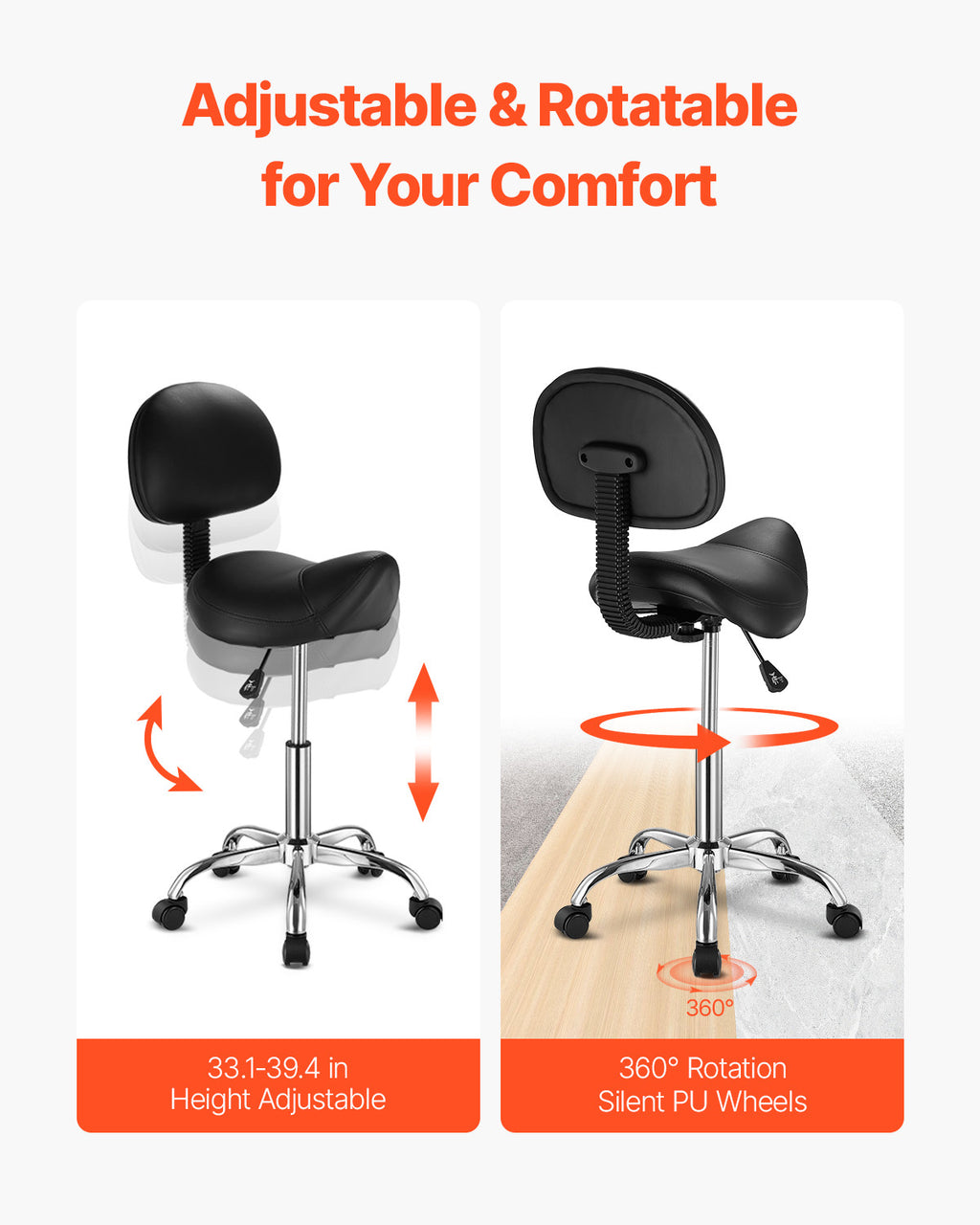 Adjustable Saddle Stool with Backrest and 360° Swivel - PU Leather Seat