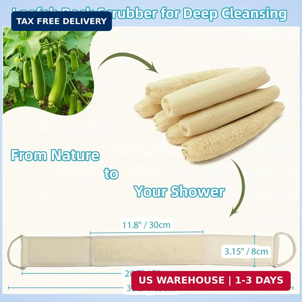 Long Natural Loofah Back Scrubber for Shower, Exfoliating Body Sponge with Cotton Handles - 33 Inch