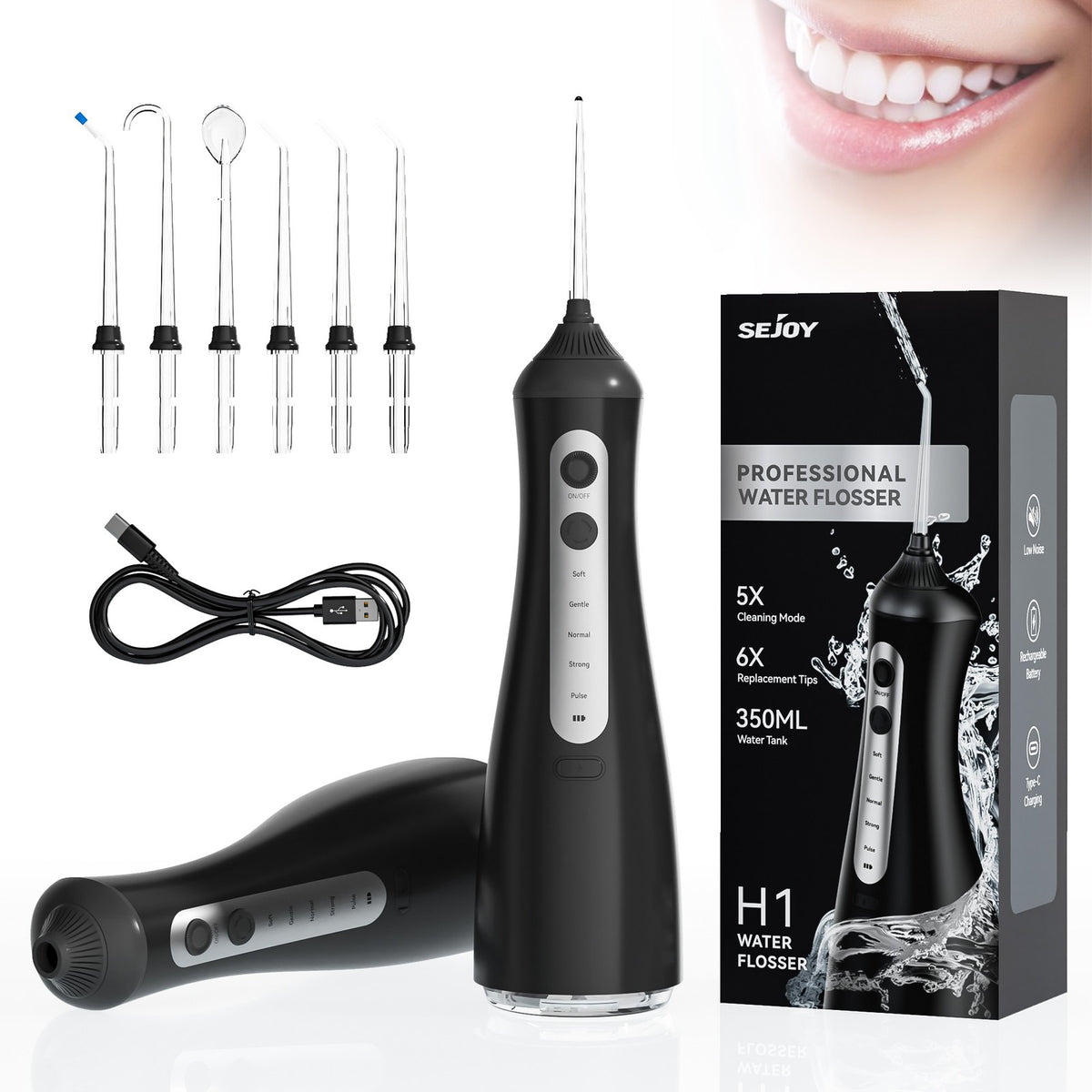 Cordless Water Flosser Dental Oral Irrigator with 6 Nozzles & 5 Modes