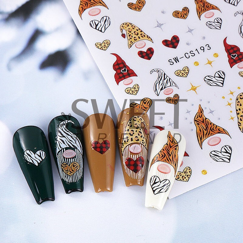 2Pcs Leopard Christmas Gnome Nail Art Stickers Self-Adhesive Decals