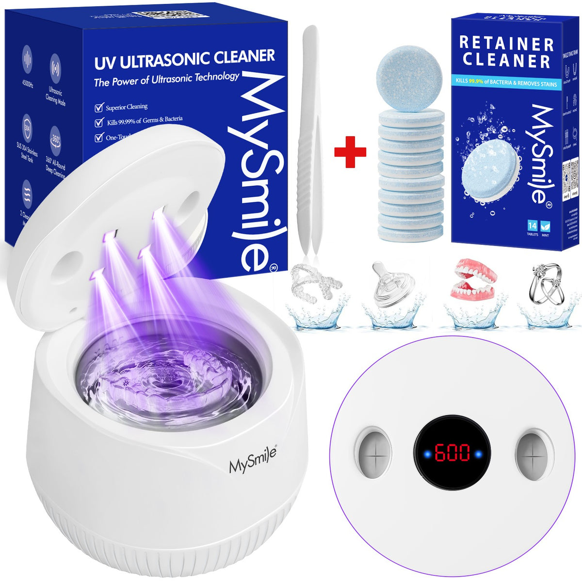 Ultrasonic Dental & Jewelry Cleaner 45kHz UV Sterilizer with Tablets – Portable