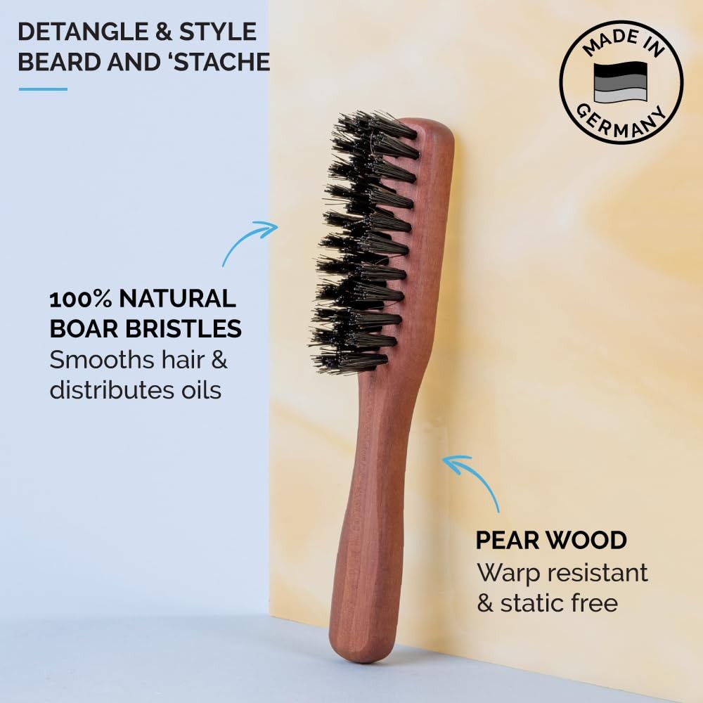 Boar Bristle Beard & Mustache Brush - Handled Grooming Tool, Brown