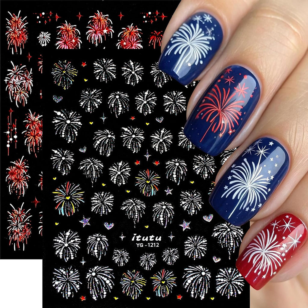 Colorful Fireworks Nail Stickers 5D Embossed Decals for Nail Art - 3 Sheets