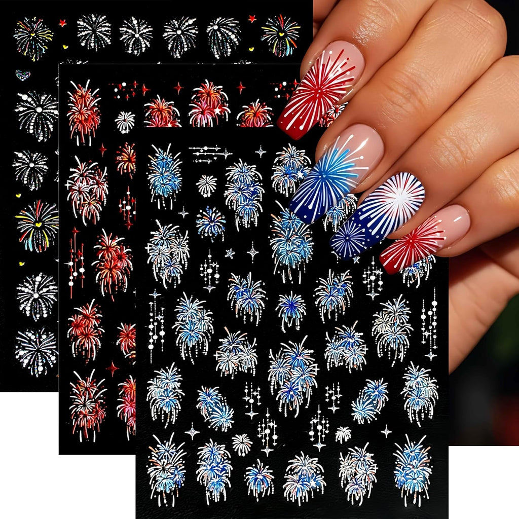 Colorful Fireworks Nail Stickers 5D Embossed Decals for Nail Art - 3 Sheets