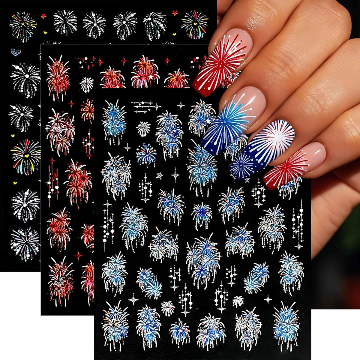 Colorful Fireworks Nail Stickers 5D Embossed Decals for Nail Art - 3 Sheets