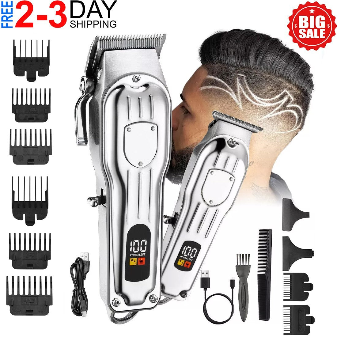Professional Hair Clipper Set for Men - Cordless Trimmer with 4 Speeds and LED Display