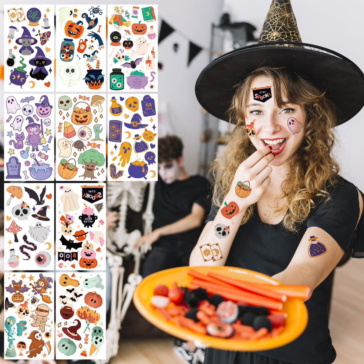 Temporary Tattoos for Kids Halloween 190-Piece Party Favors, 6.9x12 cm Sheets
