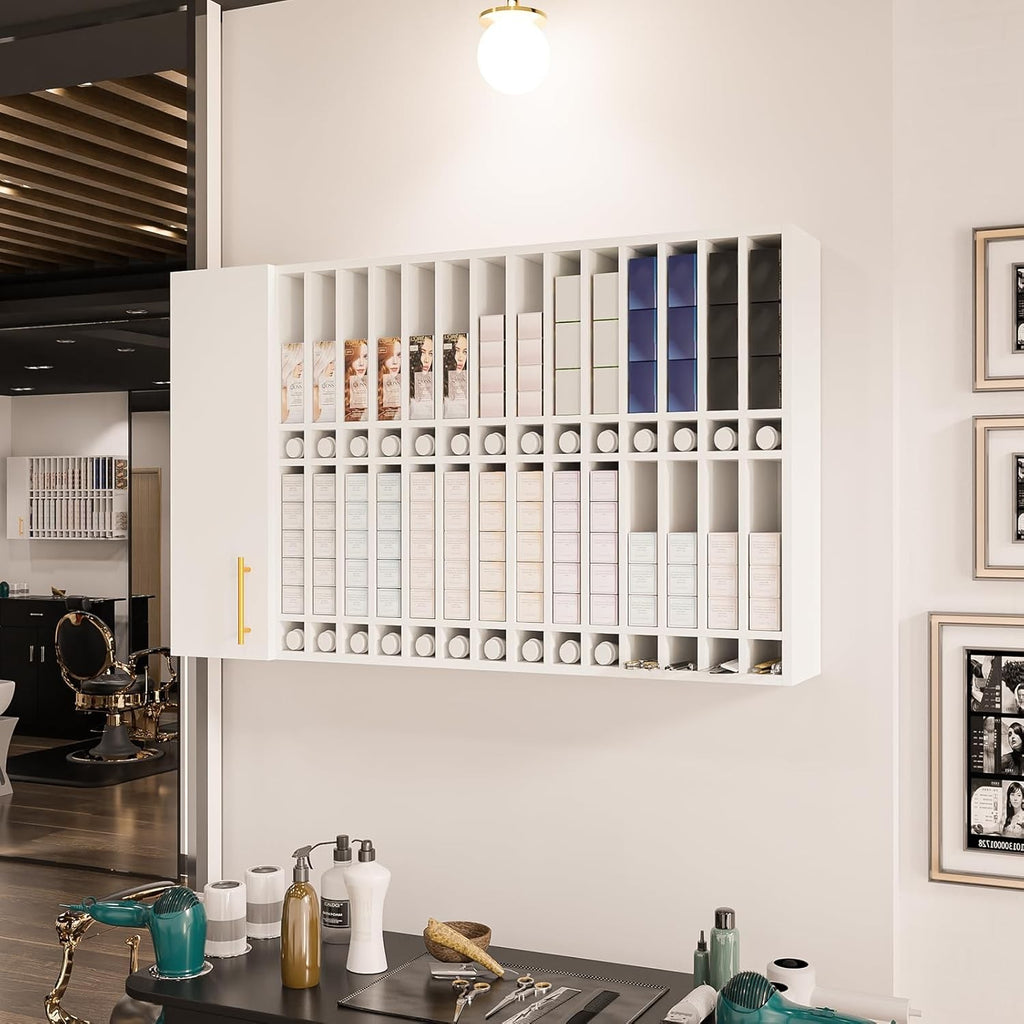 Wall-Mounted Hair Color Organizer with Adjustable Shelves for Salon Storage