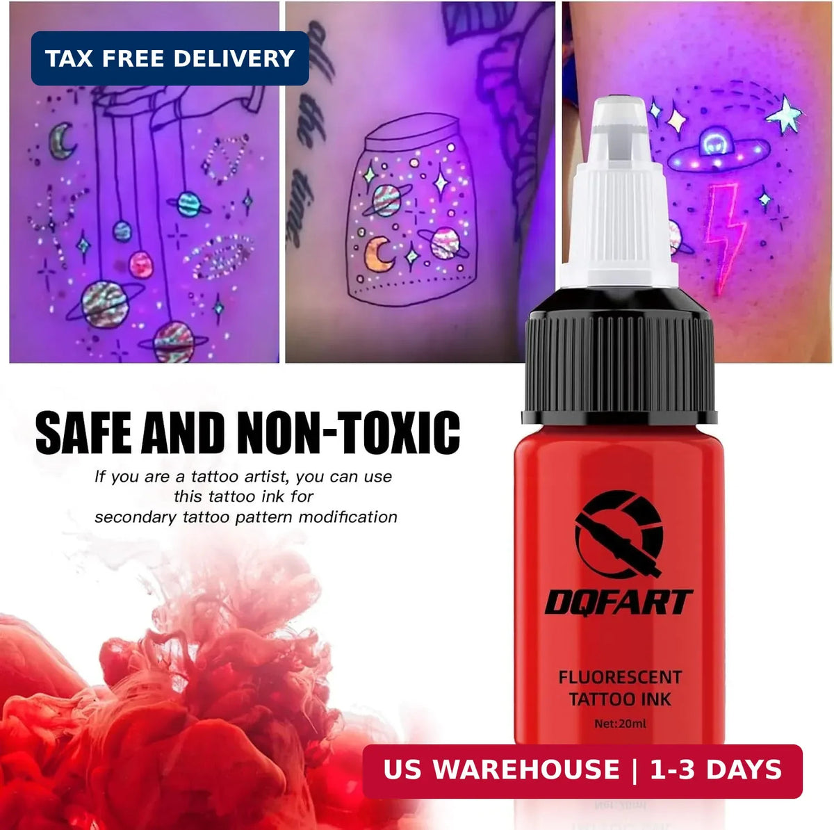8-Color Fluorescent Tattoo Ink Set 20ml Each UV Body Art Neon Pigment