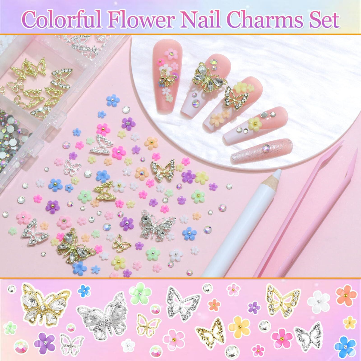 Colorful 3D Flower Nail Charms with Butterfly Accents for Nails Art