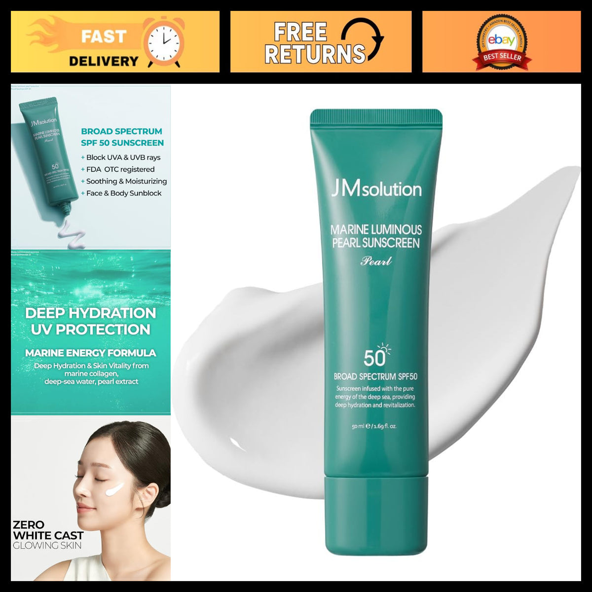SPF 50+ Hydrating Sunscreen with No White Cast, Lightweight UV Cream