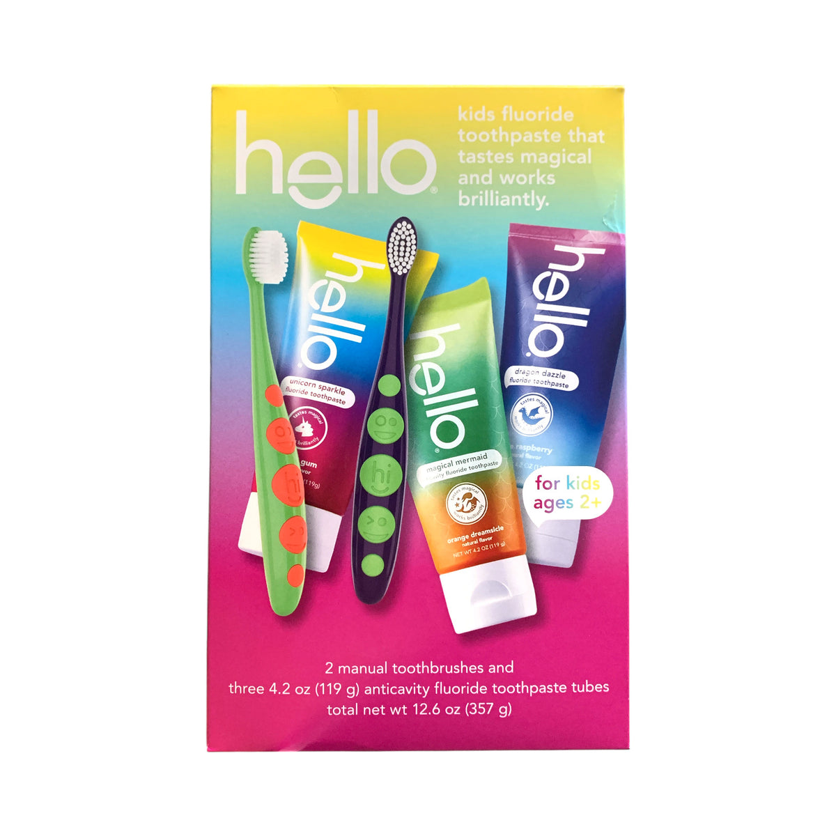 Kids Toothbrush and Fluoride Toothpaste Set - 2 Soft Brushes & 3 Flavored Tubes