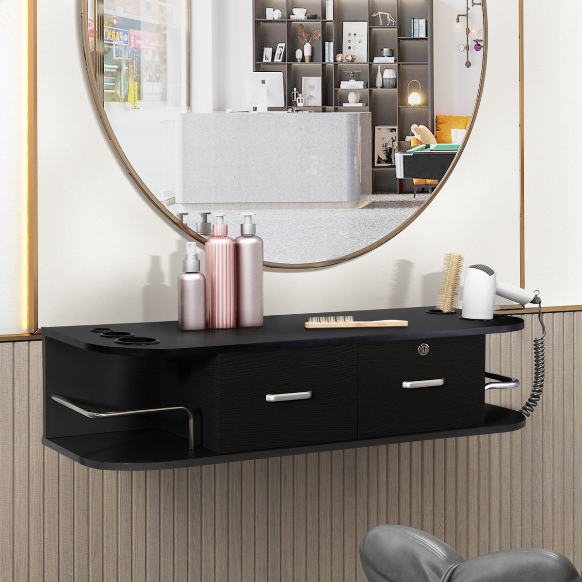 Wall Mounted Salon Station with 2 Drawers and 5 Tool Holders - Black