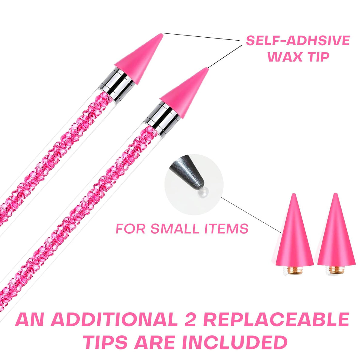 Pink Rhinestone Picker Tool Set with Dual-Head Wax Pens and Tweezers for Nail Art