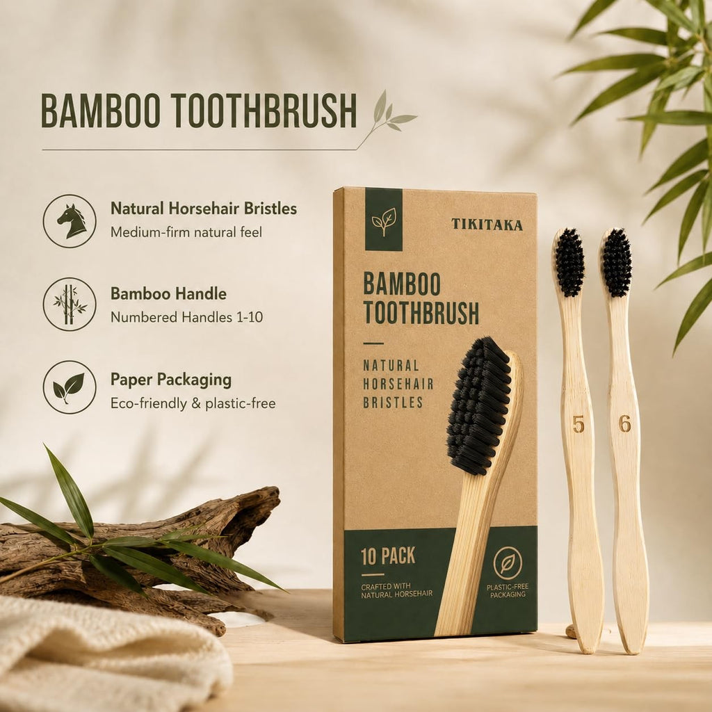 Eco-Friendly Horse Hair Bamboo Toothbrush Set of 10 - Plastic-Free Natural Oral Care