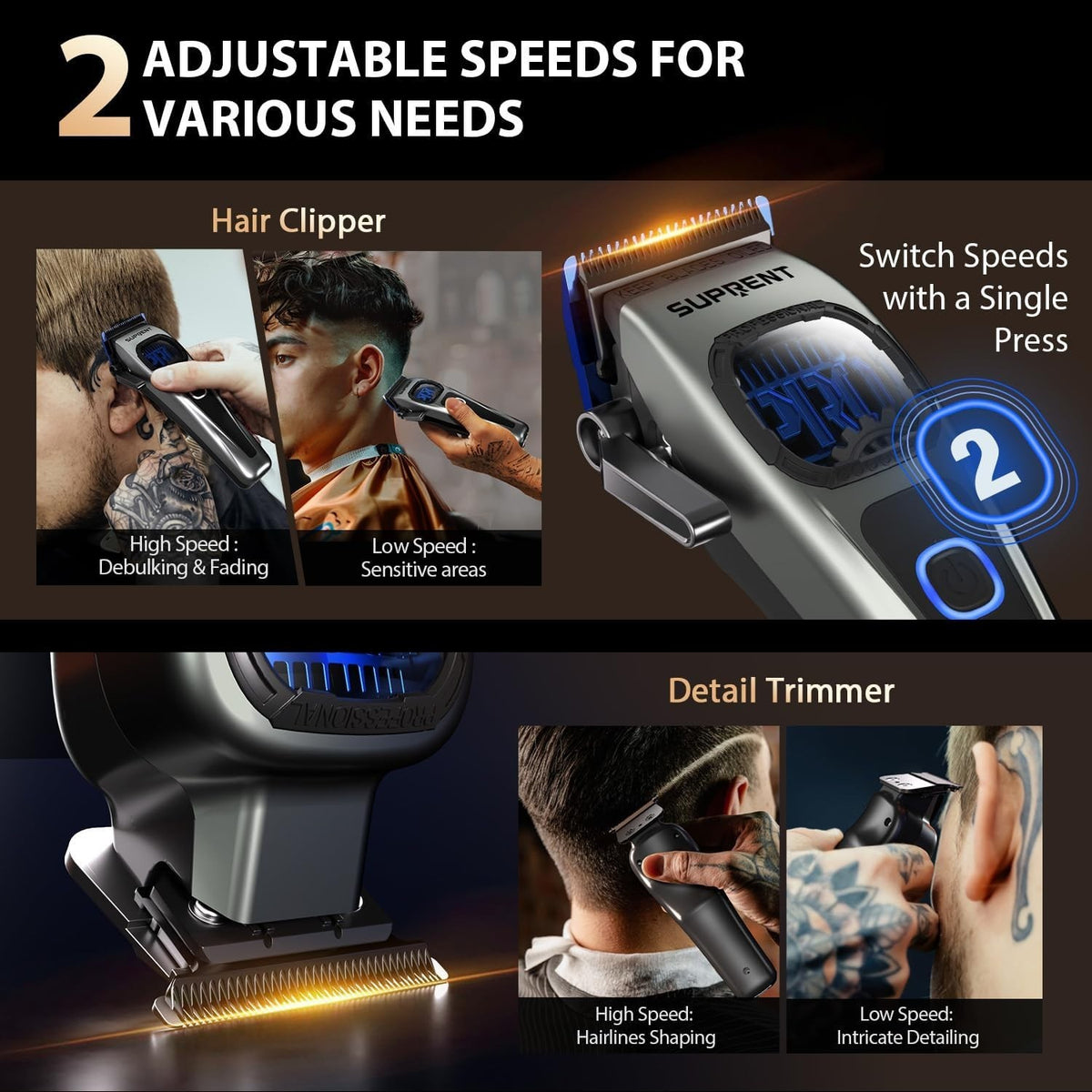 Cordless Hair Clipper & Trimmer Set with Titanium Blades, Adjustable Speed