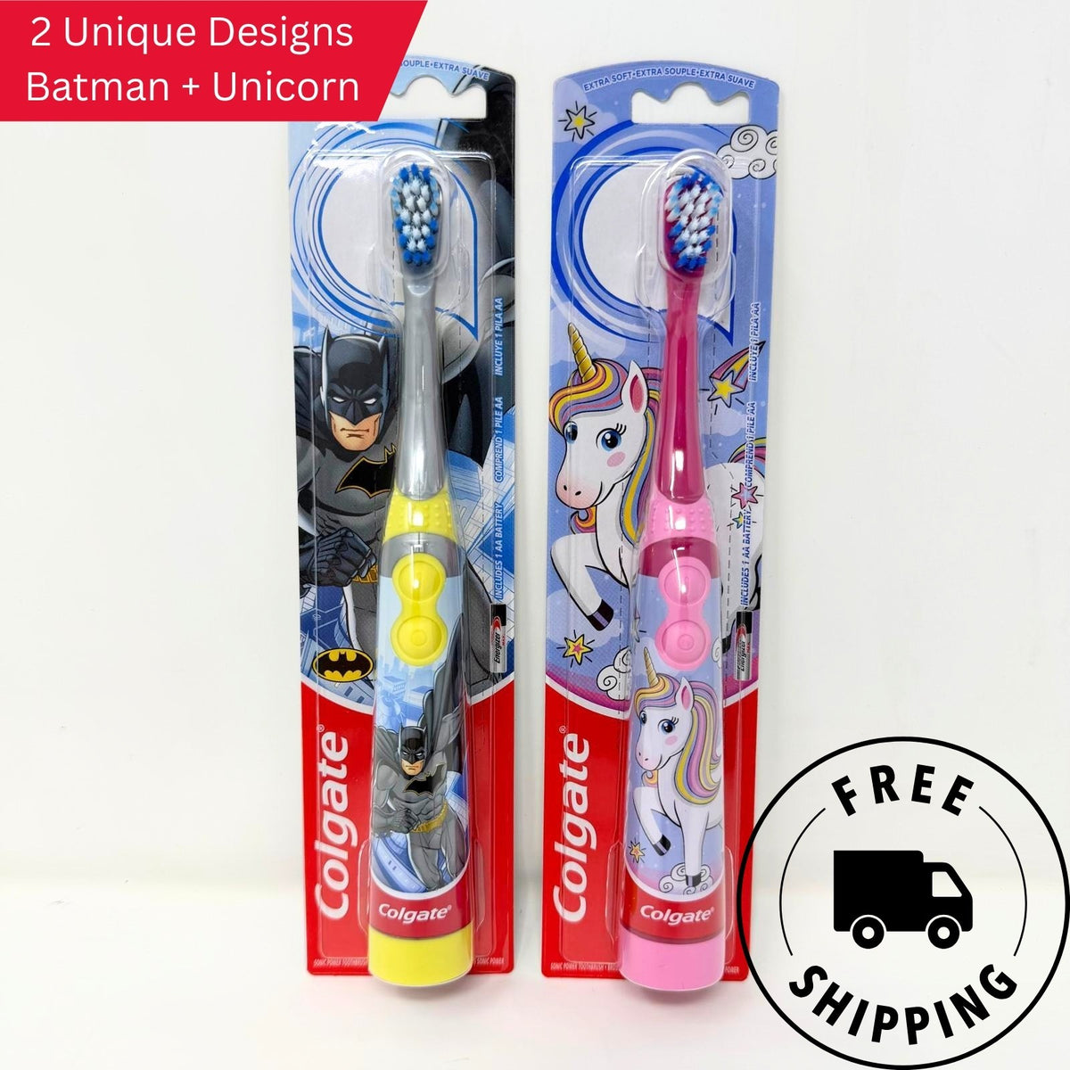 Kids Battery Powered Toothbrush Set - Batman & Unicorn Soft Bristle