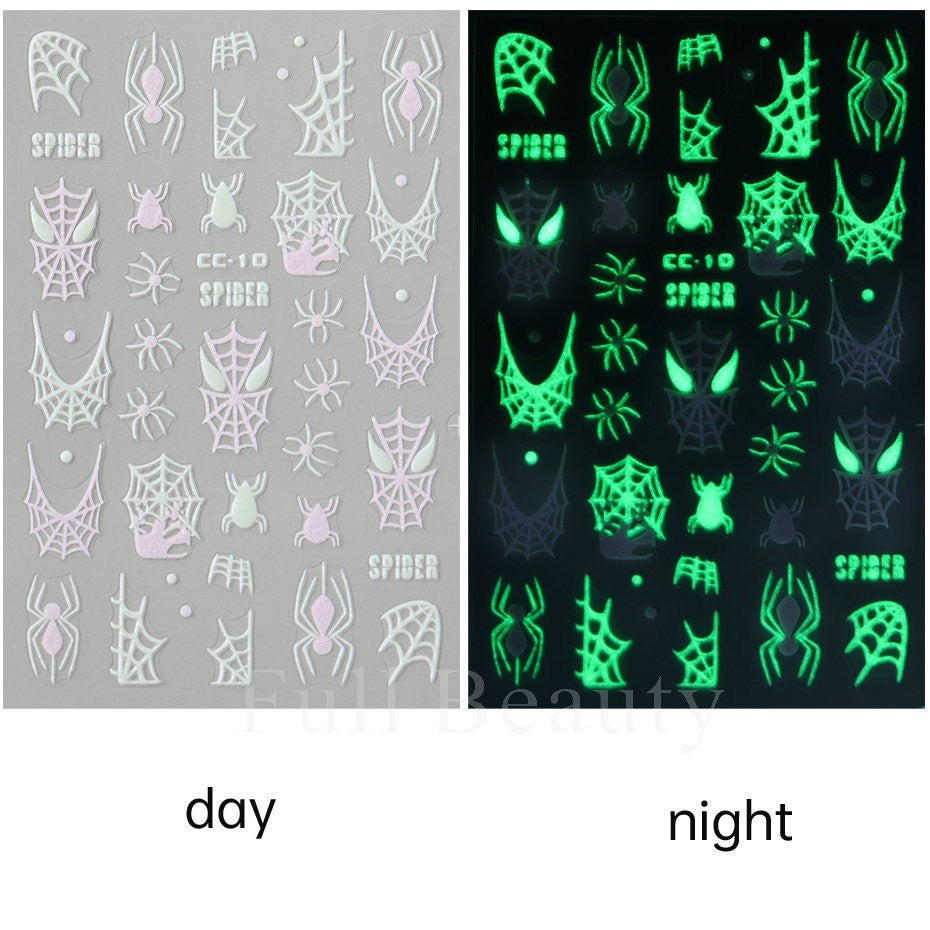 Glow in The Dark Halloween Nail Decals Ghost Spider Web Skull - 4 Sheets