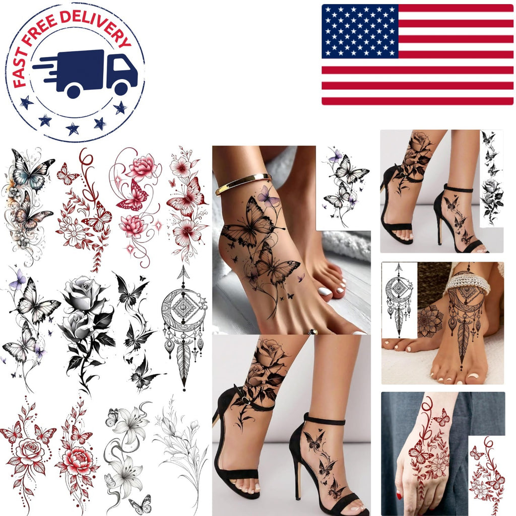 Waterproof Temporary Tattoos Pack - 12 Sheets Butterfly & Floral Design