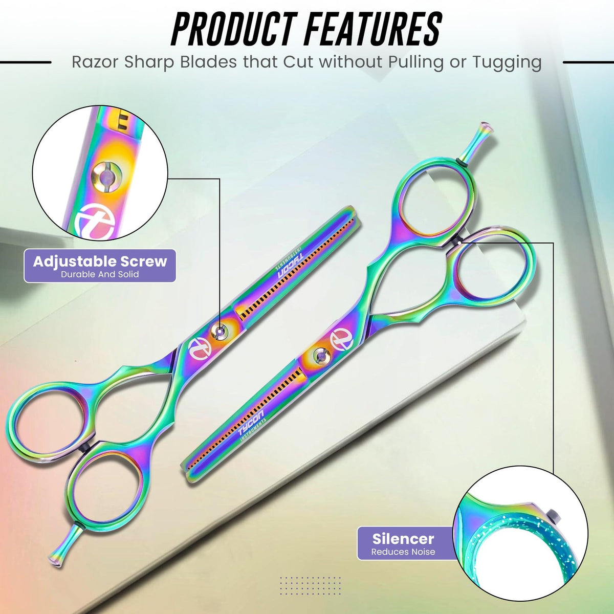 Hair Thinning Shears 6.5 Inch with Sharp 2.7 Inch Blade Rainbow Color for Hair Cutting