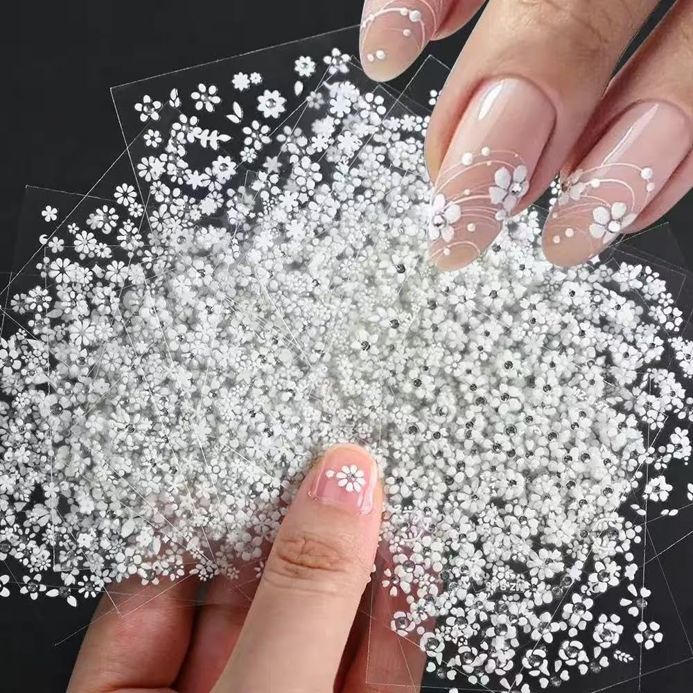 White Flower Nail Art Stickers with Rhinestones - DIY Manicure Decals, 30 Sheets
