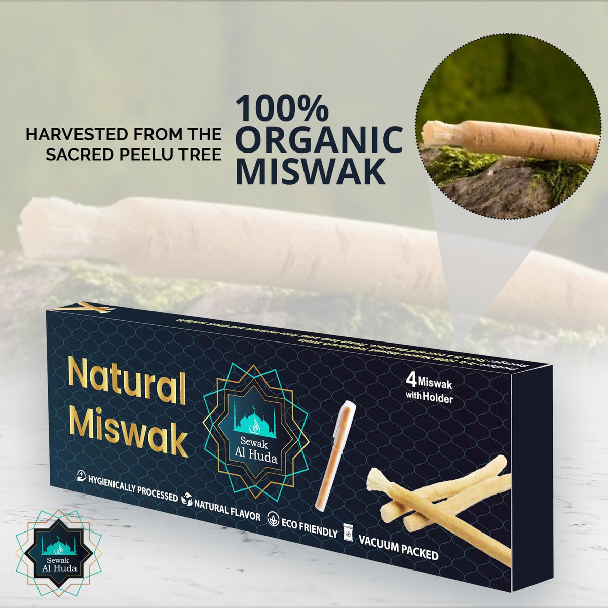 Natural Chewing Miswak Sticks with Holder - Pack of 4, Chemical-Free Oral Care