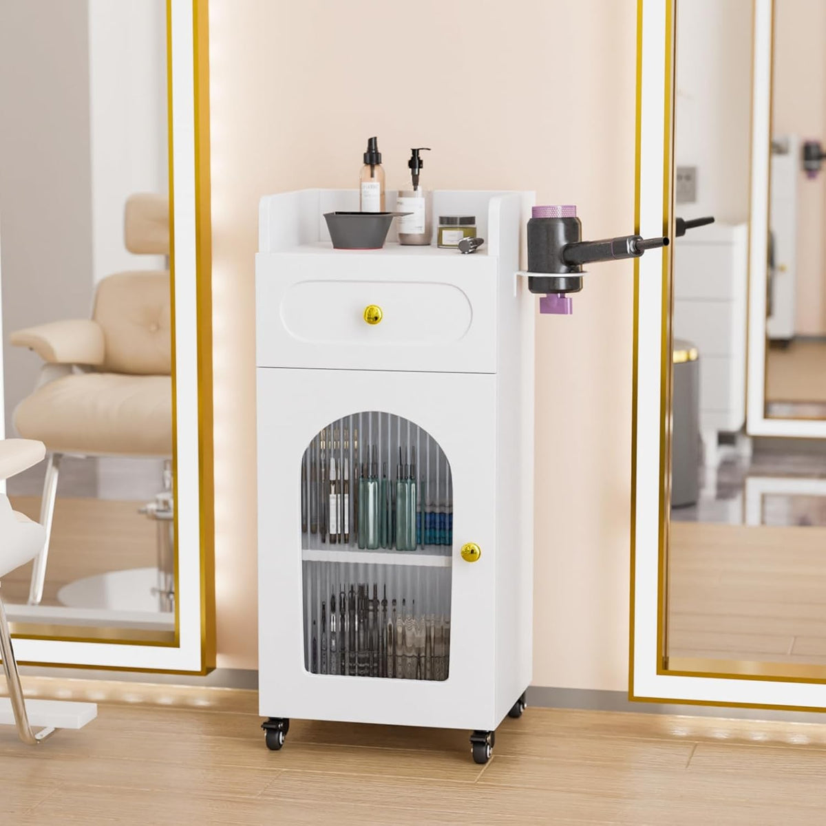 Salon Trolley Cart with Glass Door & Adjustable Shelves for Barber & Beauty Spa