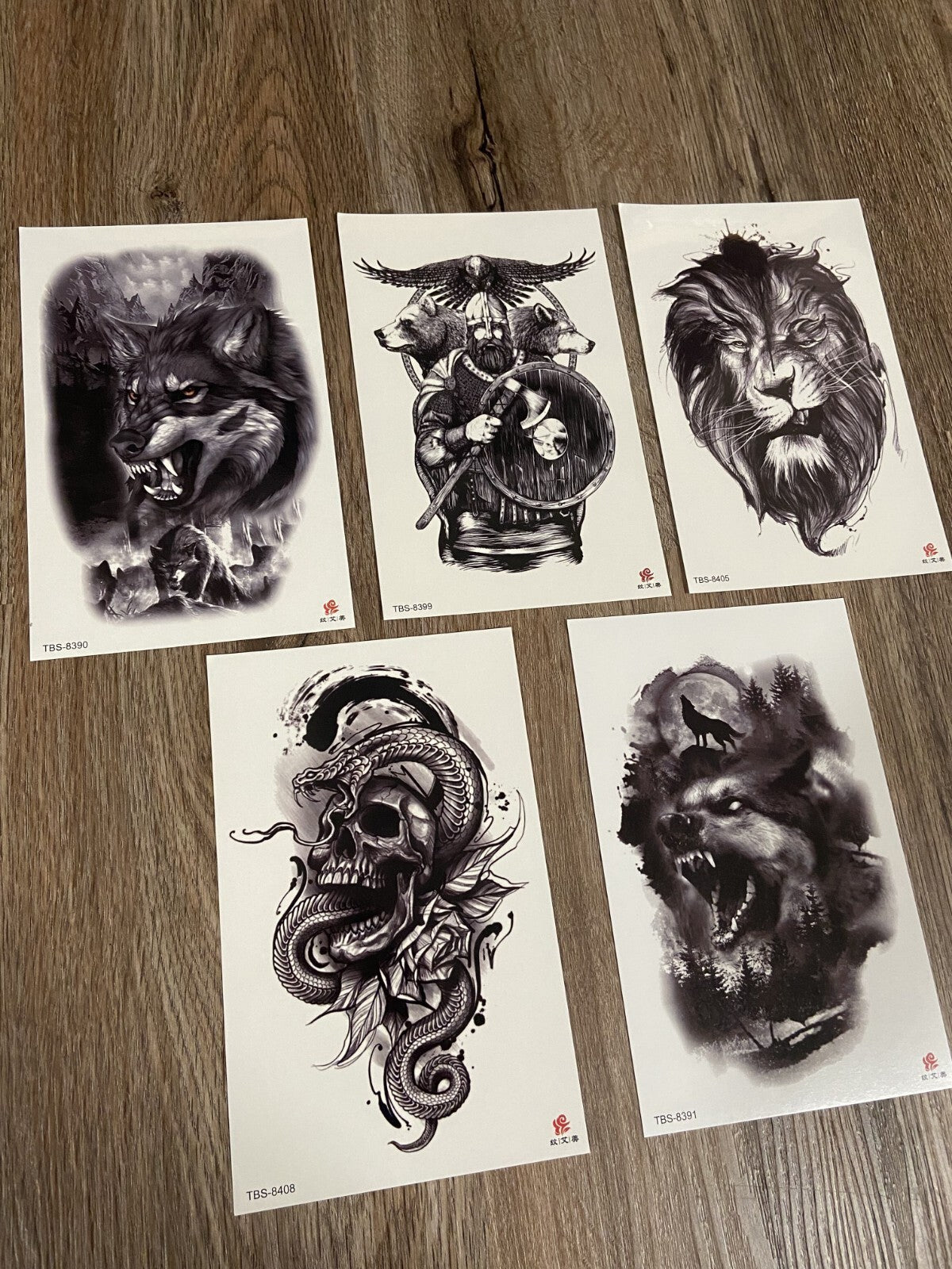 Temporary Tattoos Set - 5 Sheets Gothic Skull Wolf Lion Snake Art for Arm & Body