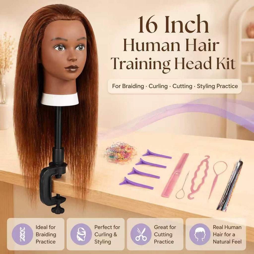 16-Inch Human Hair Mannequin Head for Hairstyling & Training