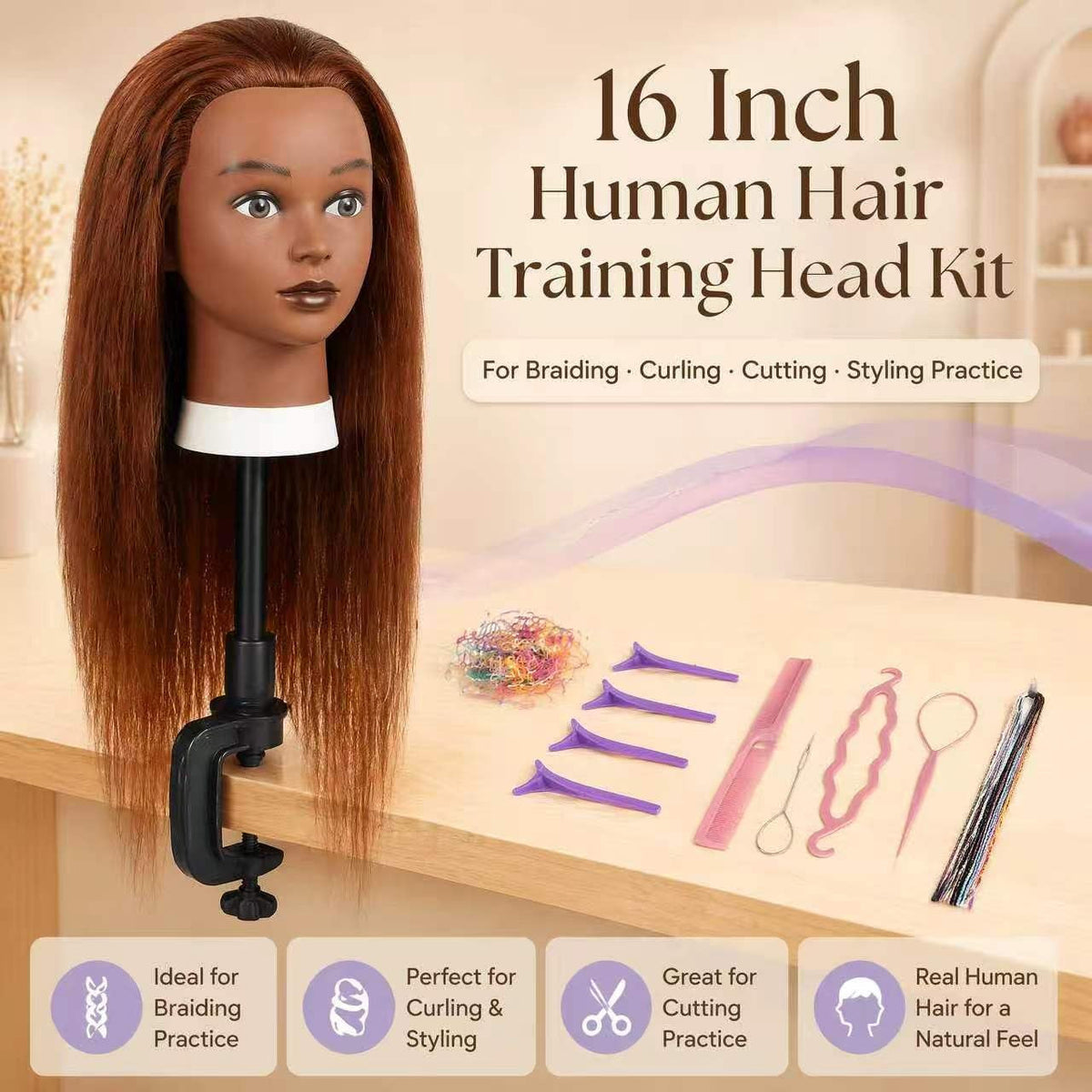 16-Inch Human Hair Mannequin Head for Hairstyling & Training
