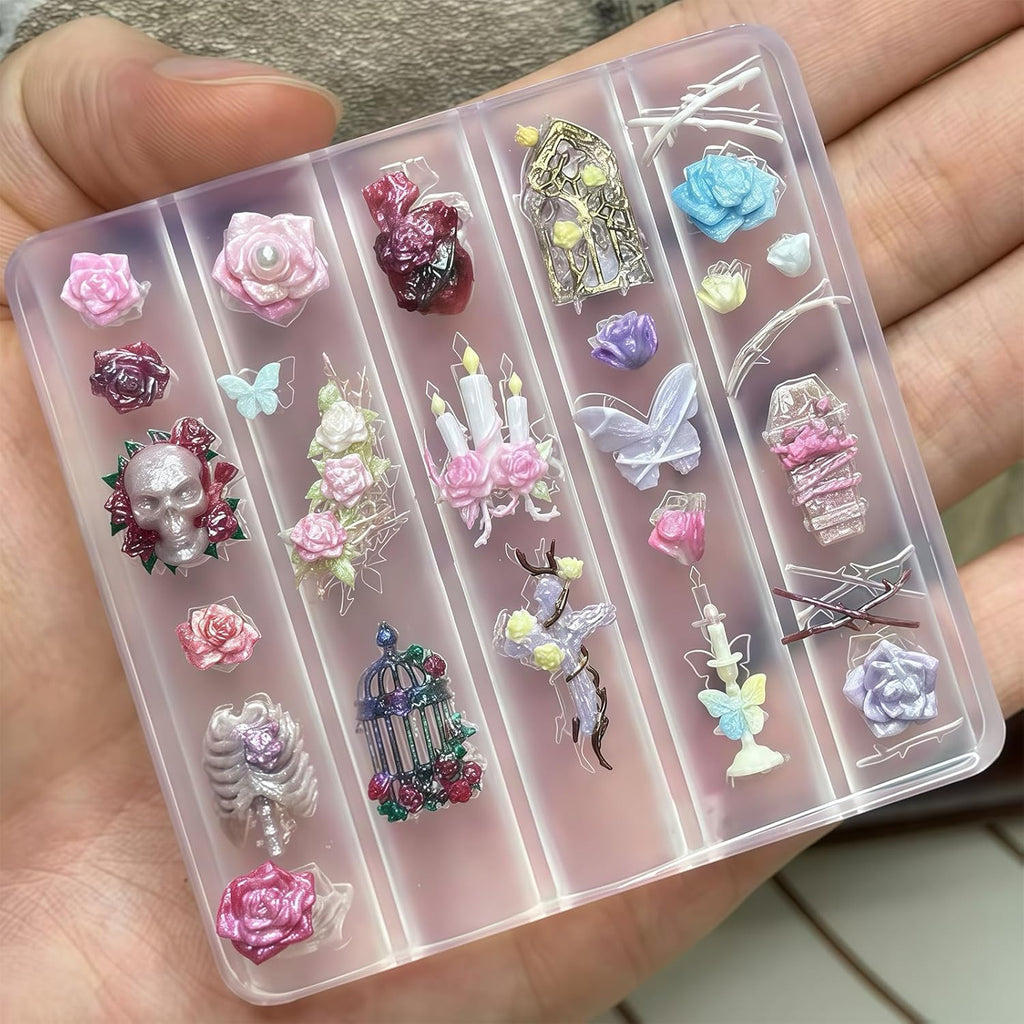 3D Gothic Nail Art Molds Kit for DIY Manicure with Skull Rose Butterfly Designs