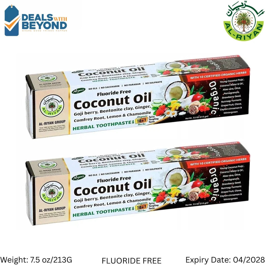 Organic Coconut Oil Herbal Toothpaste 10-in-1 Fluoride-Free 7.5oz Pack of 2
