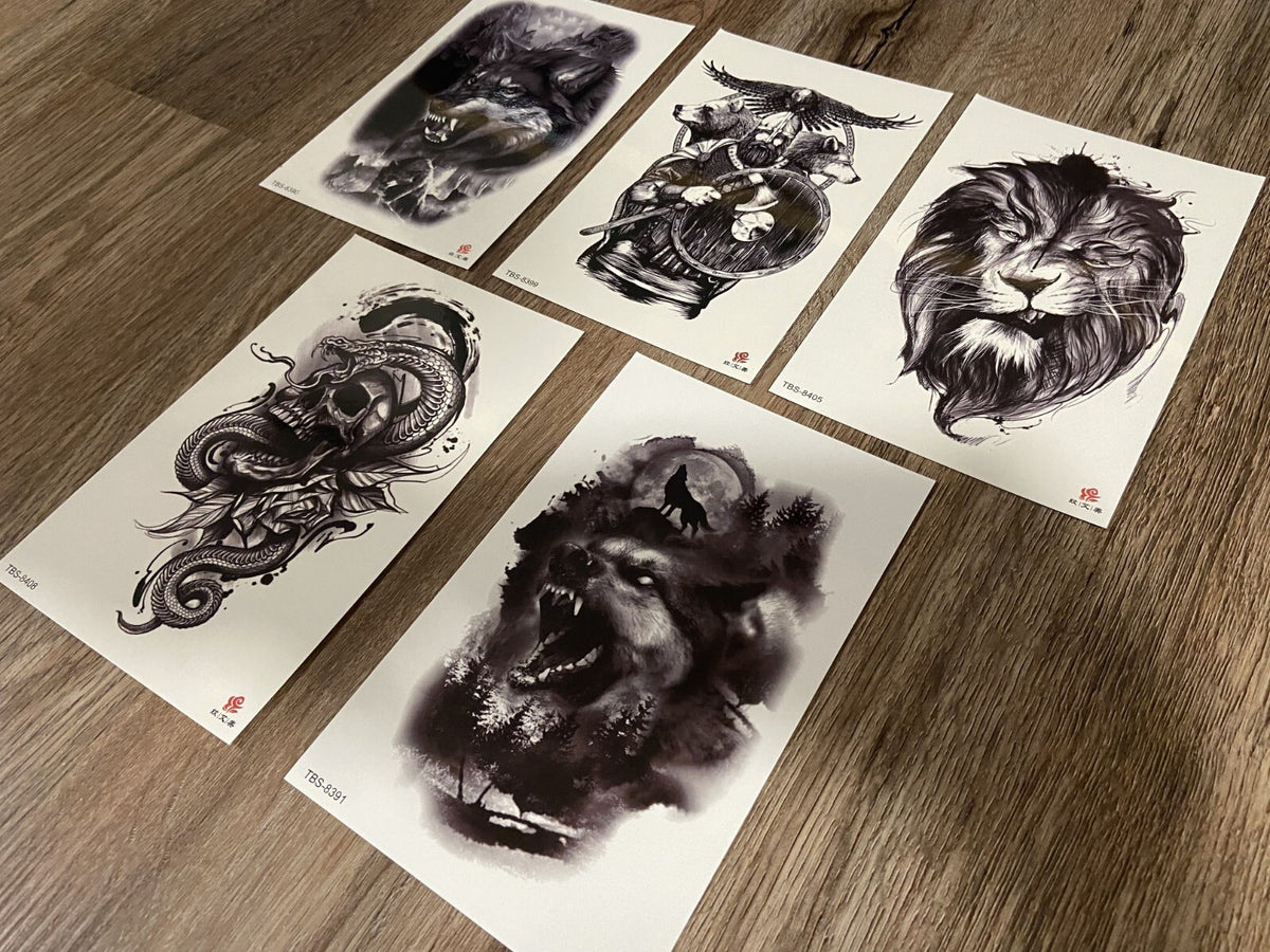 Temporary Tattoos Set - 5 Sheets Gothic Skull Wolf Lion Snake Art for Arm & Body