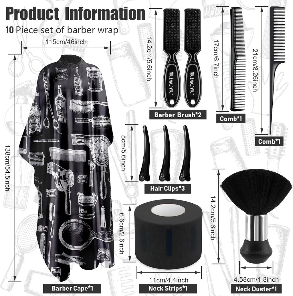 10-in-1 Barber Hair Cutting Cape Set with Neck Duster Brush & Clips